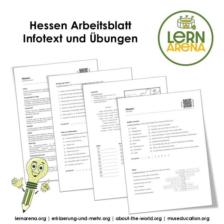 Hessen Arbeitsblatt (PDF) mit Infotext, Übungen, Landkarte, Lösungen und QR-Codes | 9 Seiten