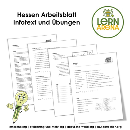 Hessen Arbeitsblatt (PDF) mit Infotext, Übungen, Landkarte, Lösungen und QR-Codes | 9 Seiten