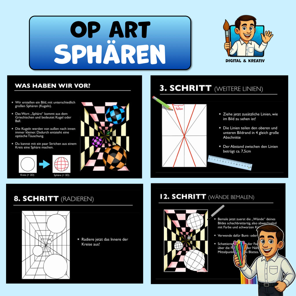 Kunst Schritt für Schritt: Op-Art Sphären (inkl. Vorlage)