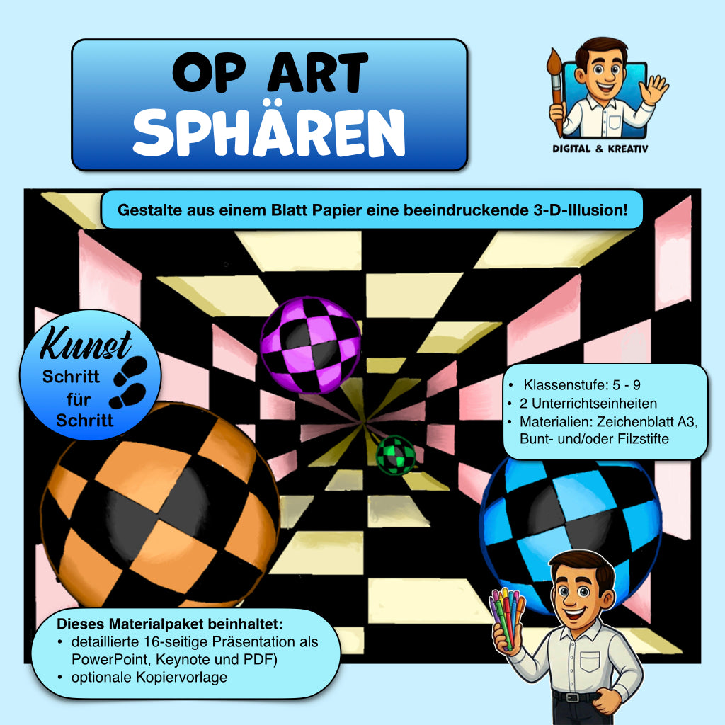 Kunst Schritt für Schritt: Op-Art Sphären (inkl. Vorlage)
