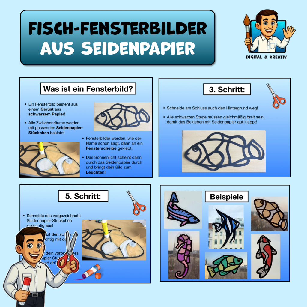 KUNST Schritt für Schritt: Fisch-Fensterbilder mit 6 Vorlagen (Seidenpapierbastelarbeit)