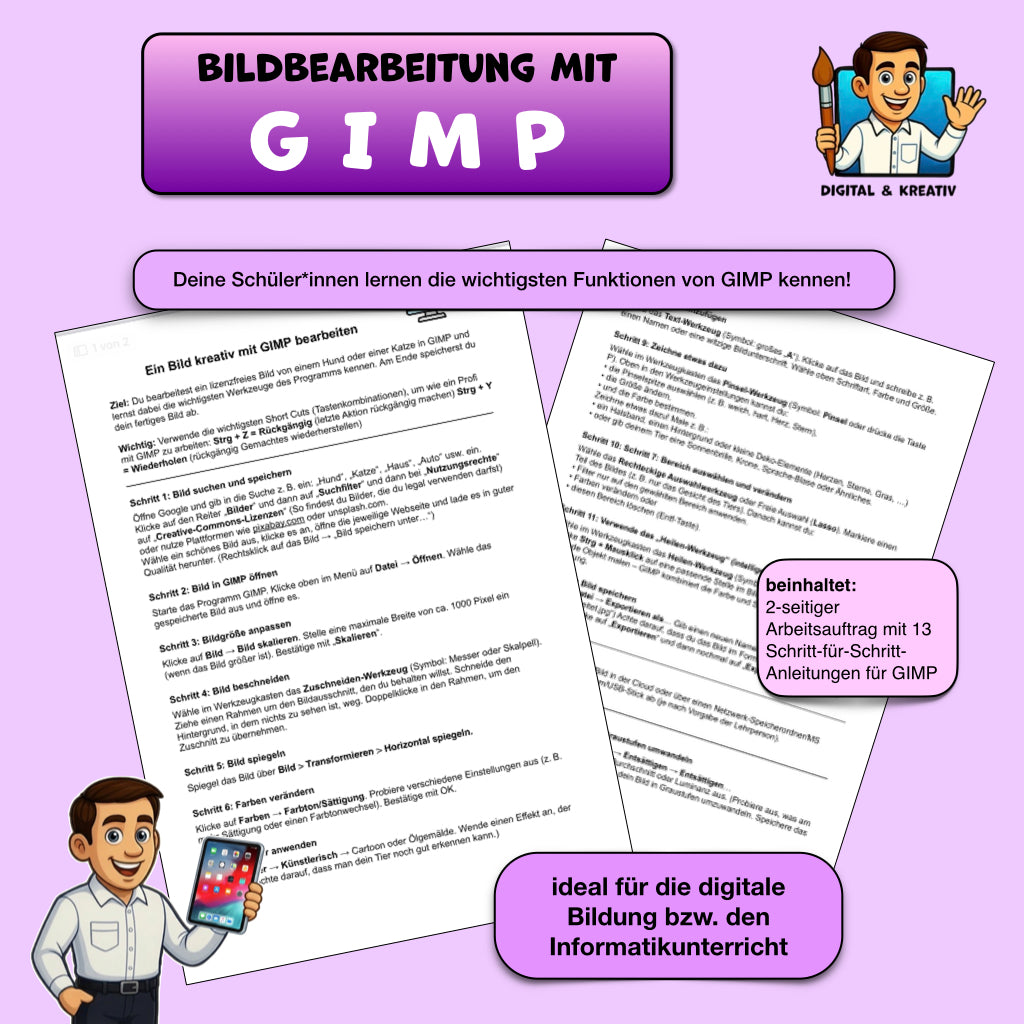 Arbeitsauftrag „Ein Bild kreativ mit GIMP bearbeiten“ (2 Seiten) | Schritt-für-Schritt Anleitung | PDF – Titel