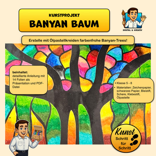 Kunstprojekt „Banyan Trees“ – Schritt-für-Schritt-Anleitung mit Ölpastellkreiden & Scherenschnitt (15 Seiten)