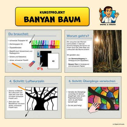 Kunstprojekt „Banyan Trees“ – Schritt-für-Schritt-Anleitung mit Ölpastellkreiden & Scherenschnitt (15 Seiten)