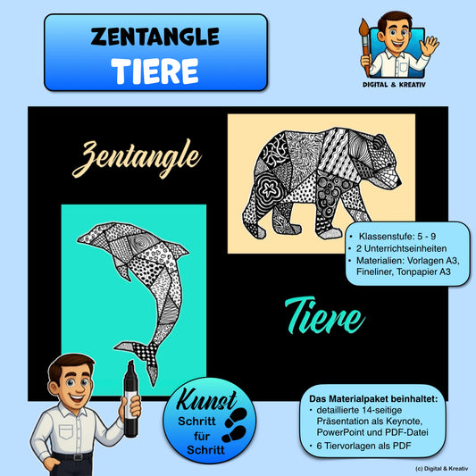 Kunstprojekt „Zentangle Tiere“ – Muster zeichnen mit Tiermotiven Schritt für Schritt (14 Seiten)