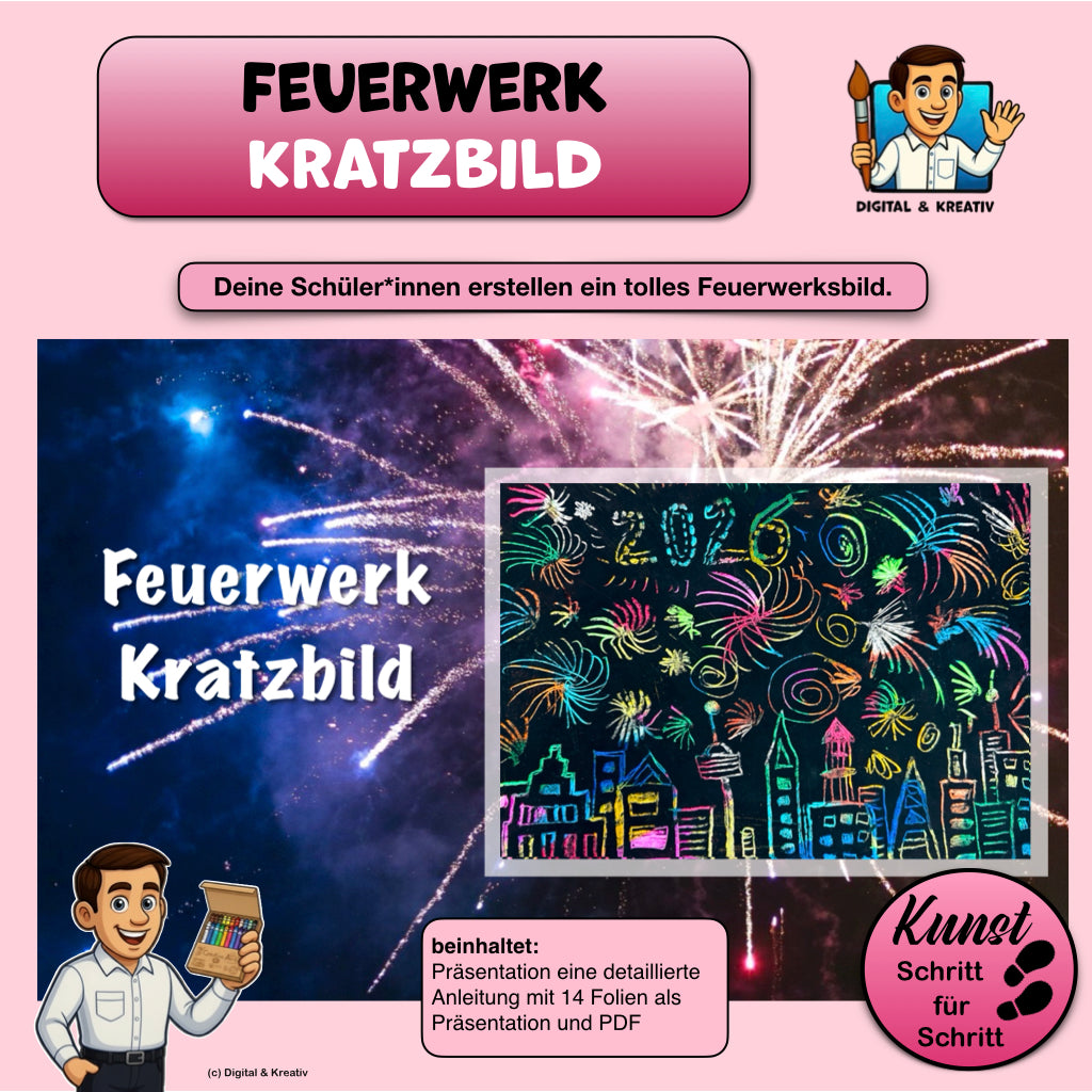 Kunstprojekt „Feuerwerk – Kratzbild“ – Ölpastell & Acryl Schritt für Schritt (14 Seiten)