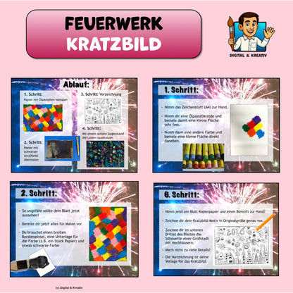 Kunstprojekt „Feuerwerk – Kratzbild“ – Ölpastell & Acryl Schritt für Schritt (14 Seiten)