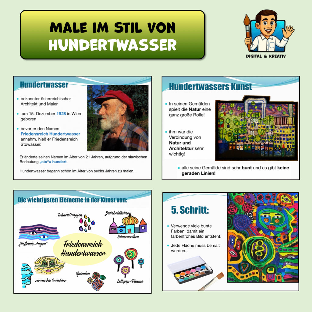 Kunstprojekt „Male wie Hundertwasser“ – Farben, Spiralen & Fantasie Schritt für Schritt (18 Seiten)