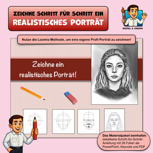 Zeichentutorial „Realistisches Porträt zeichnen“ – Loomis-Methode Schritt für Schritt (26 Seiten)