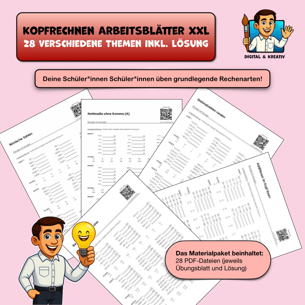 Kopfrechnen Arbeitsblätter XXL – 56-seitige Materialsammlung (PDF)