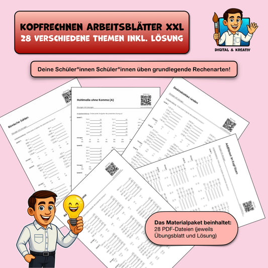 Kopfrechnen Arbeitsblätter XXL – 56-seitige Materialsammlung (PDF)