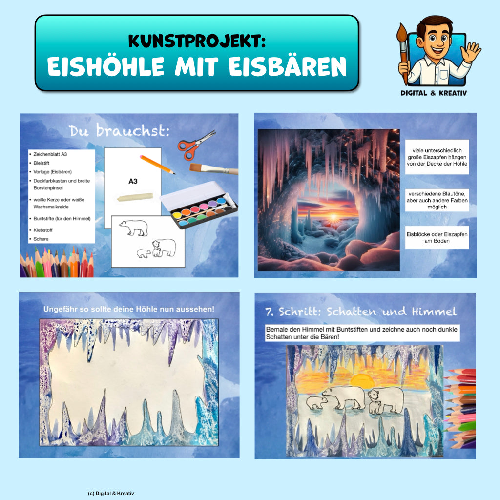 Kunstprojekt „Eisbären vor der Eishöhle“ – Wachstechnik, Deckfarben, Buntstifte (17 Seiten)