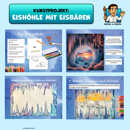 Kunstprojekt „Eisbären vor der Eishöhle“ – Wachstechnik, Deckfarben, Buntstifte (17 Seiten)