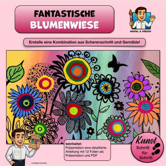 Kunstprojekt „Fantastische Blumenwiese“ – Schritt-für-Schritt-Anleitung mit Deckfarben & Collage (12 Seiten)
