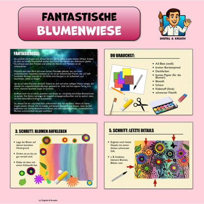 Kunstprojekt „Fantastische Blumenwiese“ – Schritt-für-Schritt-Anleitung mit Deckfarben & Collage (12 Seiten)