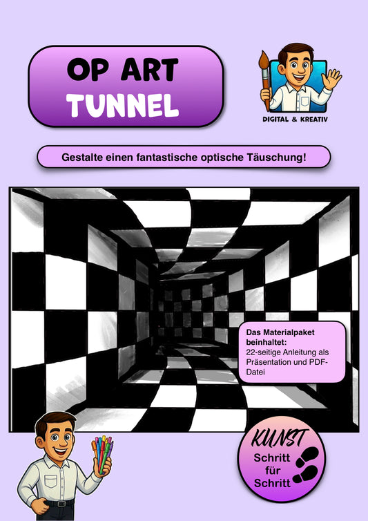 Kunstprojekt „Op-Art Tunnel“ – Optische Täuschung mit Linien & Perspektive (22 Seiten)