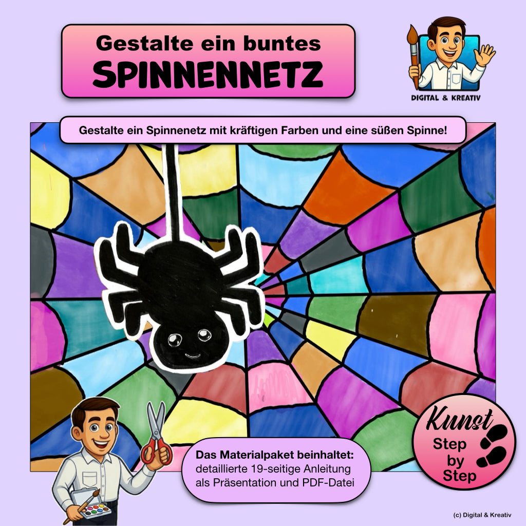 Kunstprojekt „Buntes Spinnennetz“ – Schritt-für-Schritt-Anleitung mit Deckfarben & Scherenschnitt (19 Seiten)
