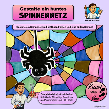 Kunstprojekt „Buntes Spinnennetz“ – Schritt-für-Schritt-Anleitung mit Deckfarben & Scherenschnitt (19 Seiten)