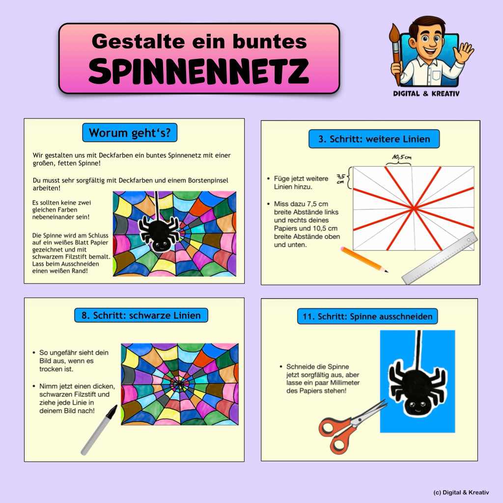 Kunstprojekt „Buntes Spinnennetz“ – Schritt-für-Schritt-Anleitung mit Deckfarben & Scherenschnitt (19 Seiten)