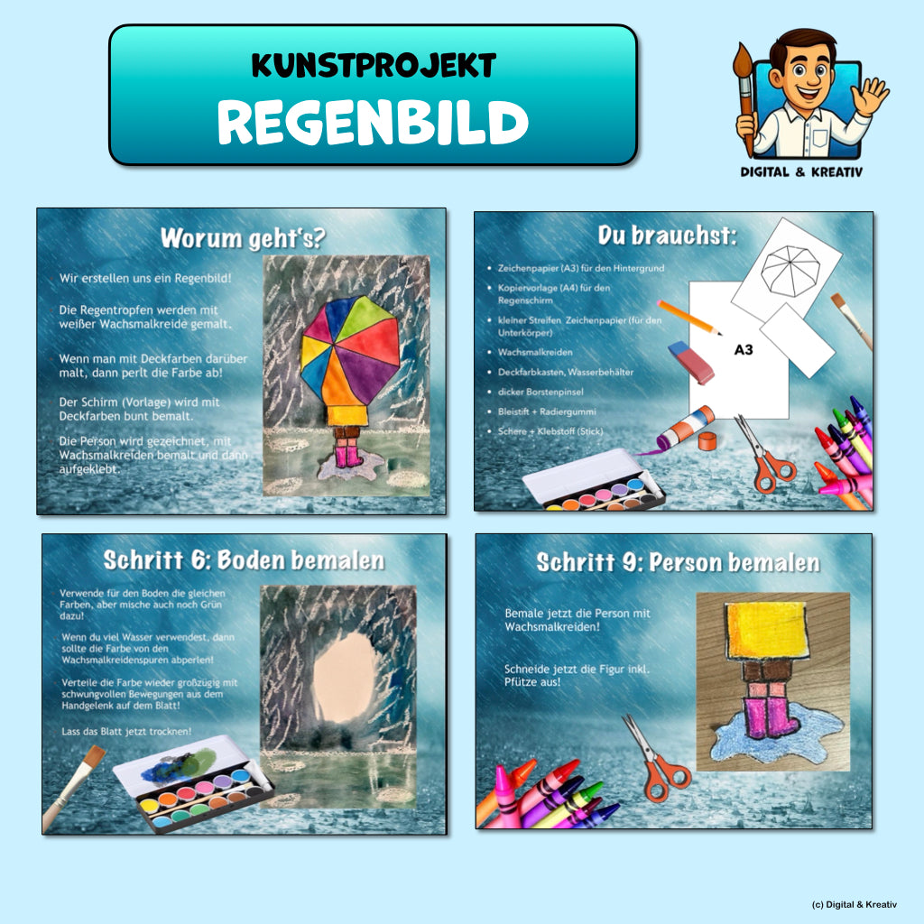 Kunstprojekt „Regenbild“ – Schritt-für-Schritt-Anleitung mit Wachstechnik & Deckfarben (16 Seiten)