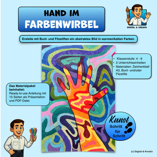 Kunstprojekt „Hand im Farbwirbel“ – Schritt-für-Schritt-Anleitung zum Kalt-Warm-Kontrast (15 Seiten)