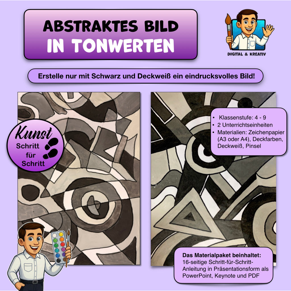 Abstraktes Gemälde in Tonwerten – 16 Seiten Kunstprojekt zu Hell und Dunkel (Schritt-für-Schritt)