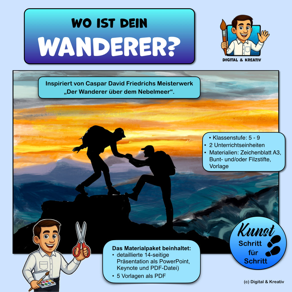 Kunstprojekt „Wo ist dein Wanderer?“ – Schritt-für-Schritt-Anleitung mit Deckfarben & Scherenschnitt (14 Seiten)