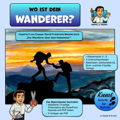 Kunstprojekt „Wo ist dein Wanderer?“ – Schritt-für-Schritt-Anleitung mit Deckfarben & Scherenschnitt (14 Seiten)