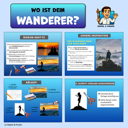 Kunstprojekt „Wo ist dein Wanderer?“ – Schritt-für-Schritt-Anleitung mit Deckfarben & Scherenschnitt (14 Seiten)
