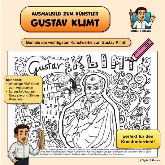 FREEBIE: Gustav Klimt – Ausmalbild mit kurzer Künstlerbiografie