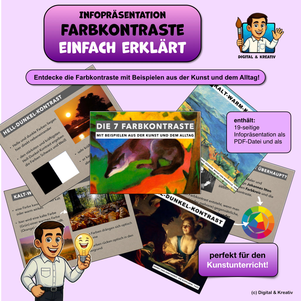 Die 7 Farbkontraste nach Itten – Unterrichtspräsentation für den Kunstunterricht (19 Seiten)