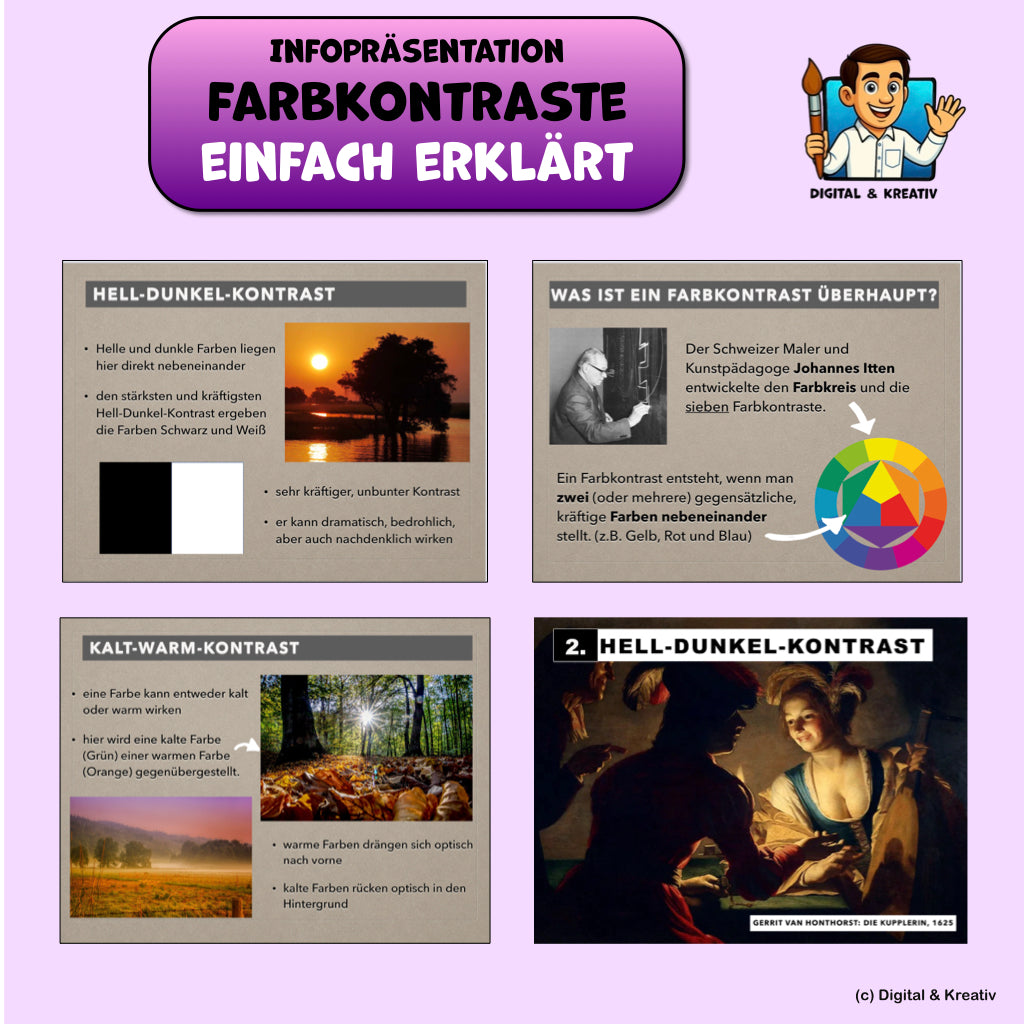 Die 7 Farbkontraste nach Itten – Unterrichtspräsentation für den Kunstunterricht (19 Seiten)