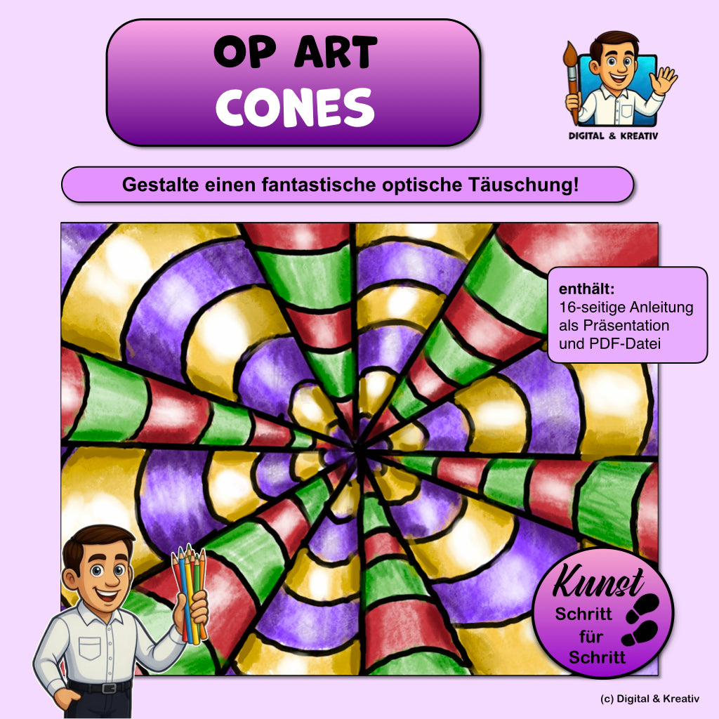 Kunstprojekt „Op-Art Cones“ – Schritt-für-Schritt-Anleitung zur optischen Täuschung mit Buntstiften (16 Seiten)