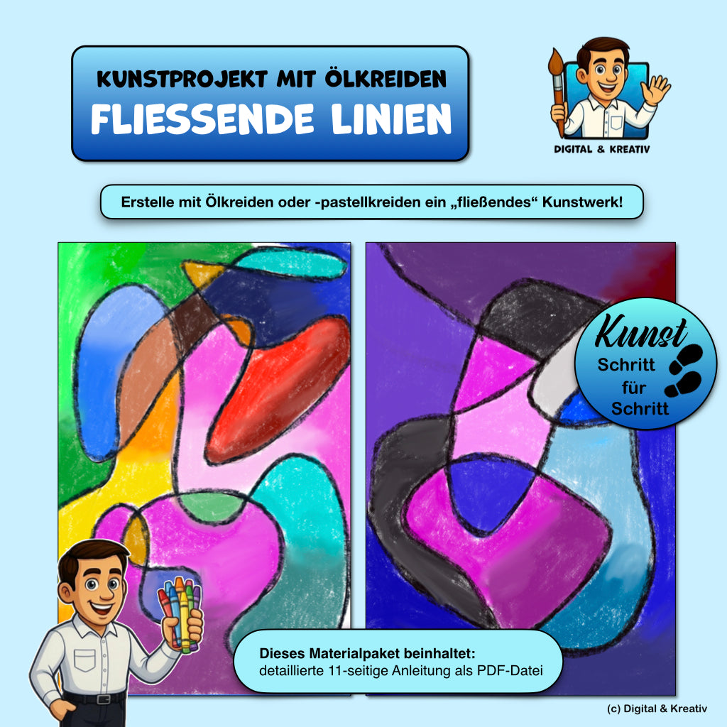 Fließende Linien mit Ölkreiden – kostenloses abstraktes Kunstprojekt (11 Seiten)