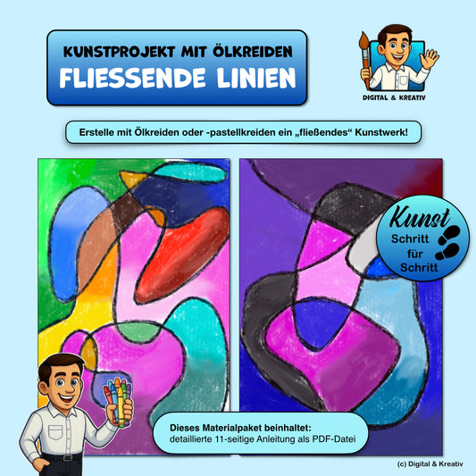 Fließende Linien mit Ölkreiden – kostenloses abstraktes Kunstprojekt (11 Seiten)