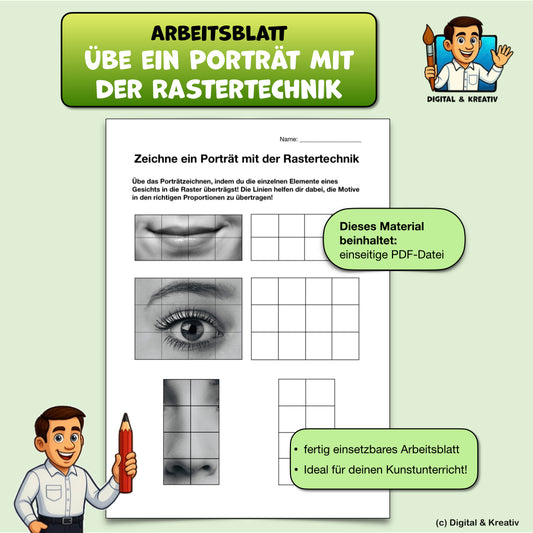 Porträt zeichnen mit Rastertechnik Arbeitsblatt (1 Seite) | Proportionen üben | PDF – Titelbild