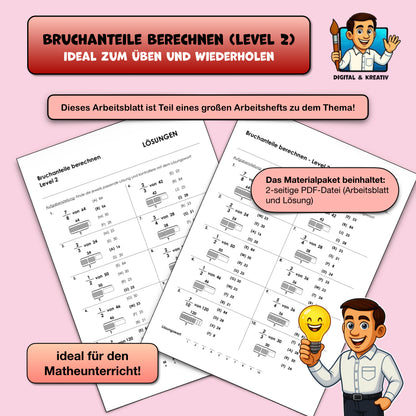 Bruchanteile berechnen Level 2: Arbeitsblatt mit Multiple Choice, Lösungswort, QR-Code und Lösungen (PDF, 2 Se