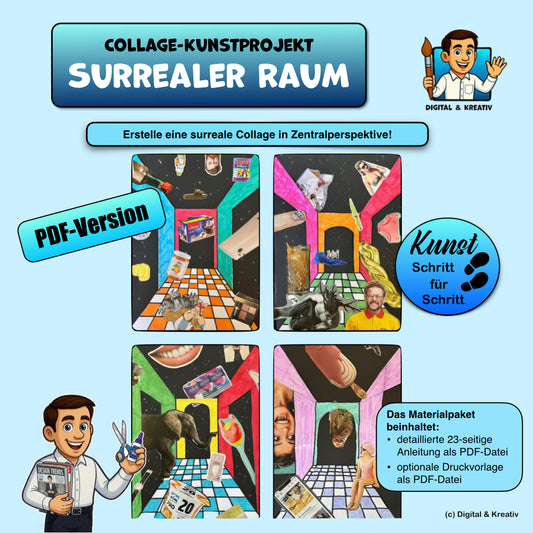 KUNST Schritt für Schritt Surrealer Raum | Kunstprojekt Zentralperspektive + Collage | PDF – Titelbild