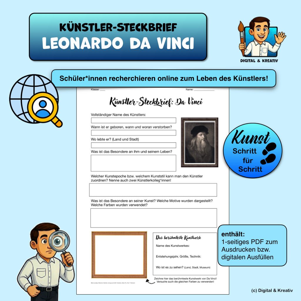 Künstler Steckbrief Leonardo da Vinci Arbeitsblatt (1 Seite) | Kunst Recherche und Bildanalyse | PDF – Titelbi