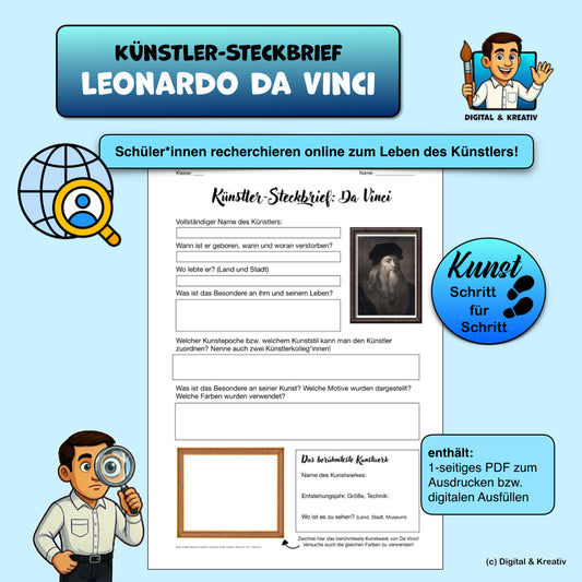 Künstler Steckbrief Leonardo da Vinci Arbeitsblatt (1 Seite) | Kunst Recherche und Bildanalyse | PDF – Titelbi