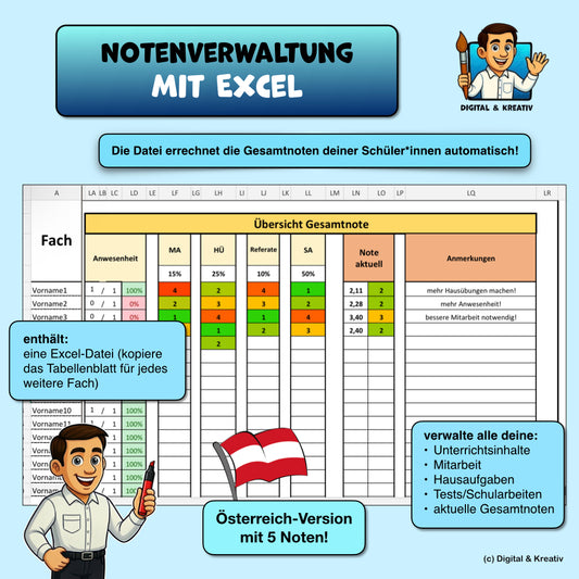 Notenberechnung leicht gemacht Excel-Datei 5 Noten (Ö-Version) – Titelbild