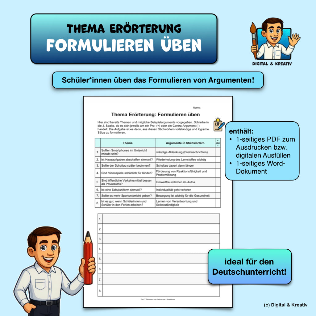 Erörterung Formulieren üben Arbeitsblatt (1 Seite) | Pro und Contra Argumente in Sätze umwandeln | PDF + DOCX 