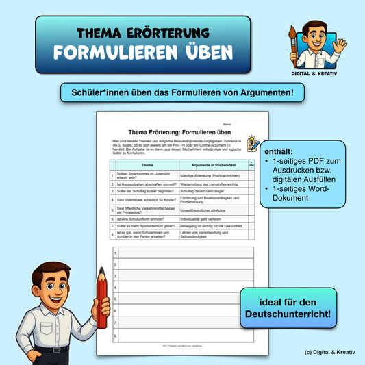 Erörterung Formulieren üben Arbeitsblatt (1 Seite) | Pro und Contra Argumente in Sätze umwandeln | PDF + DOCX 