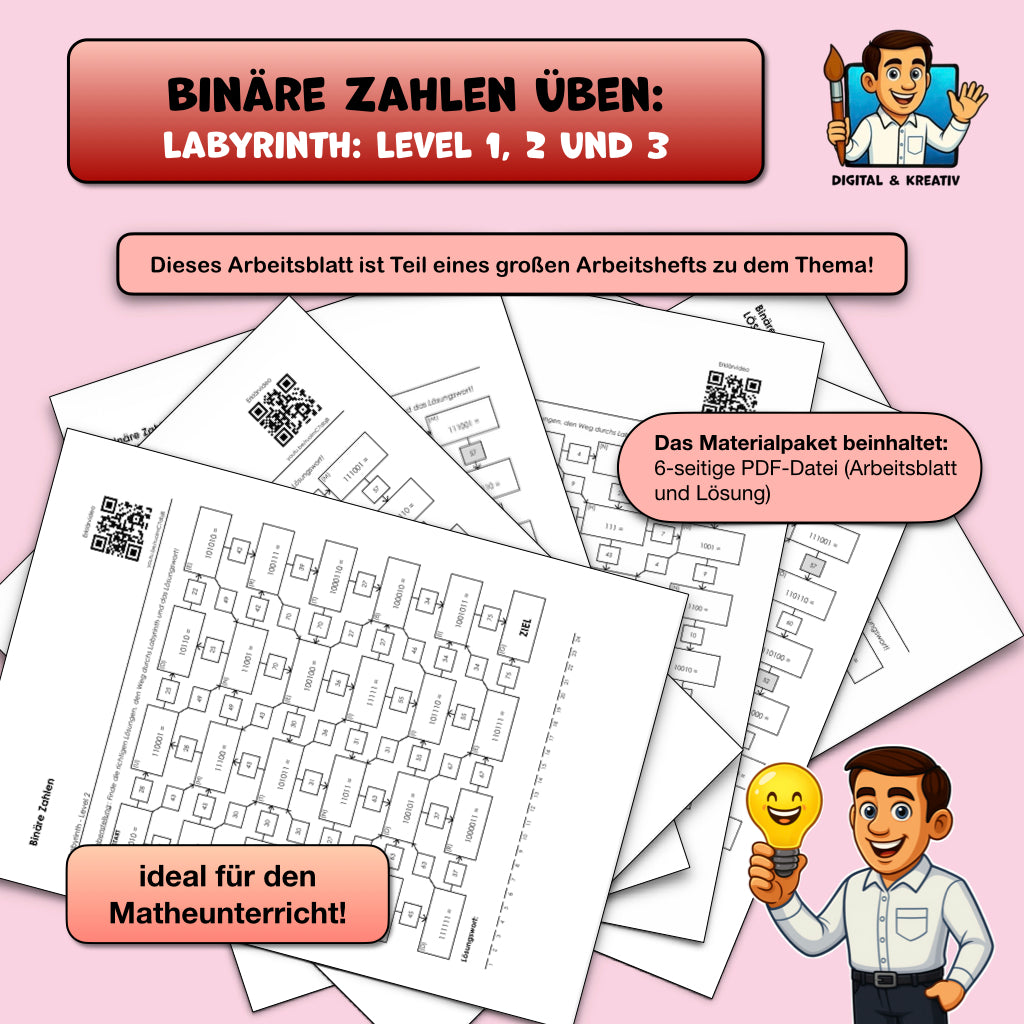 Binäre Zahlen Labyrinth (PDF) mit 3 Levels, QR Code und Lösungen | 6 Seiten – Titelbild