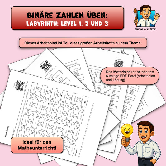 Binäre Zahlen Labyrinth (PDF) mit 3 Levels, QR Code und Lösungen | 6 Seiten – Titelbild