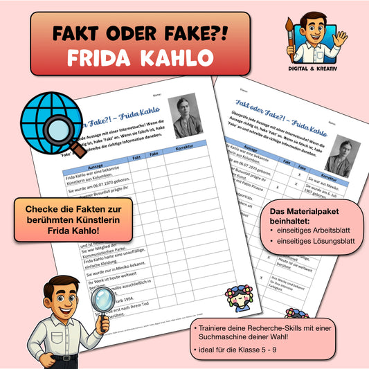 Fakt oder Fake? Frida Kahlo Arbeitsblatt inkl. Lösung | Recherche und Medienkompetenz | PDF – Titelbild