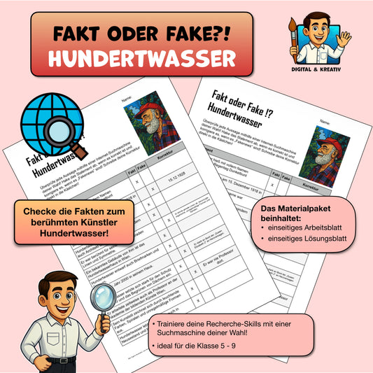 Fakt oder Fake? Hundertwasser Arbeitsblatt | Recherche und Medienkompetenz | inkl. Lösungen | PDF – Titelbild