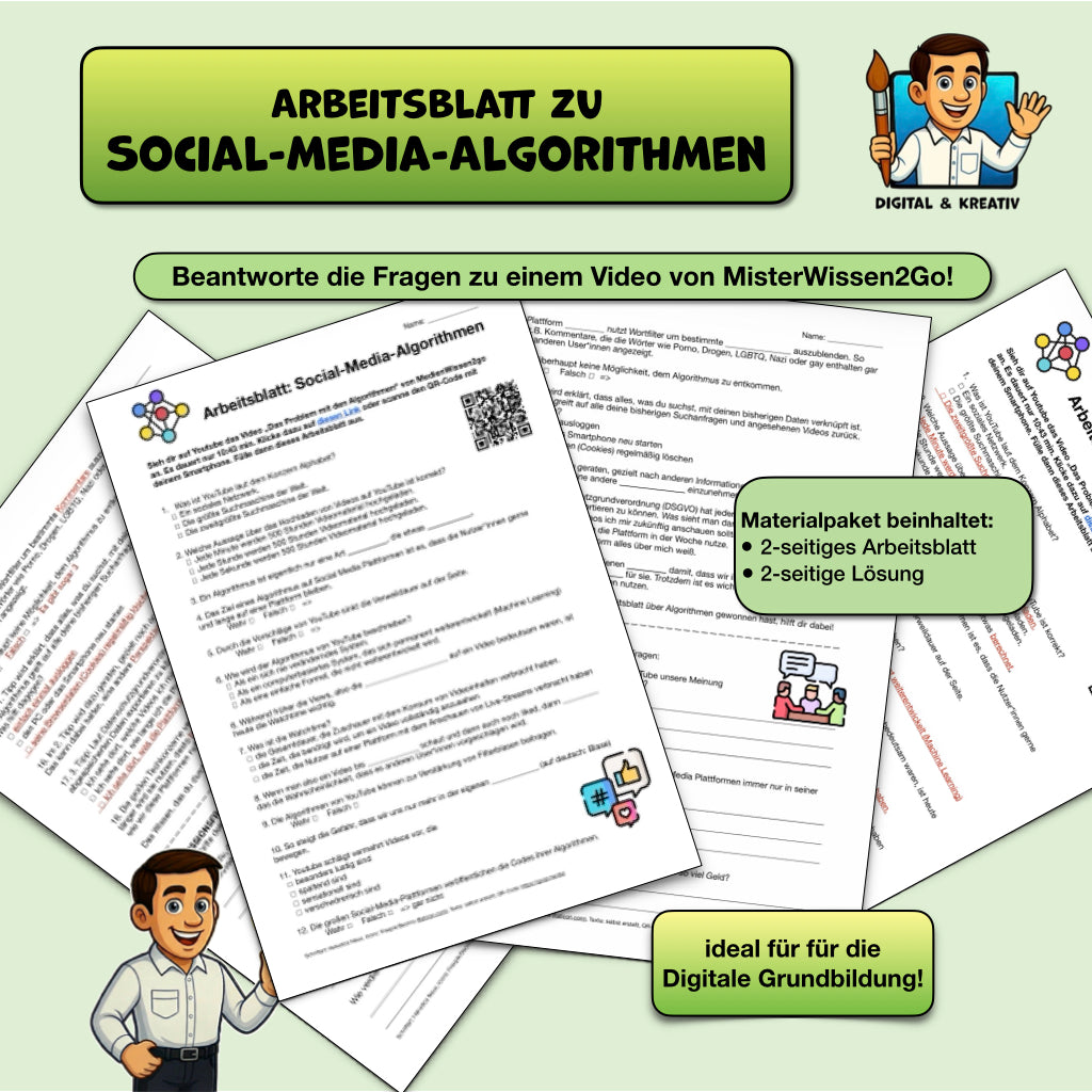 Arbeitsblatt „Wie funktionieren Algorithmen?“ (2-seitiges PDF) | Social Media, YouTube, Filterblasen – Titelbi