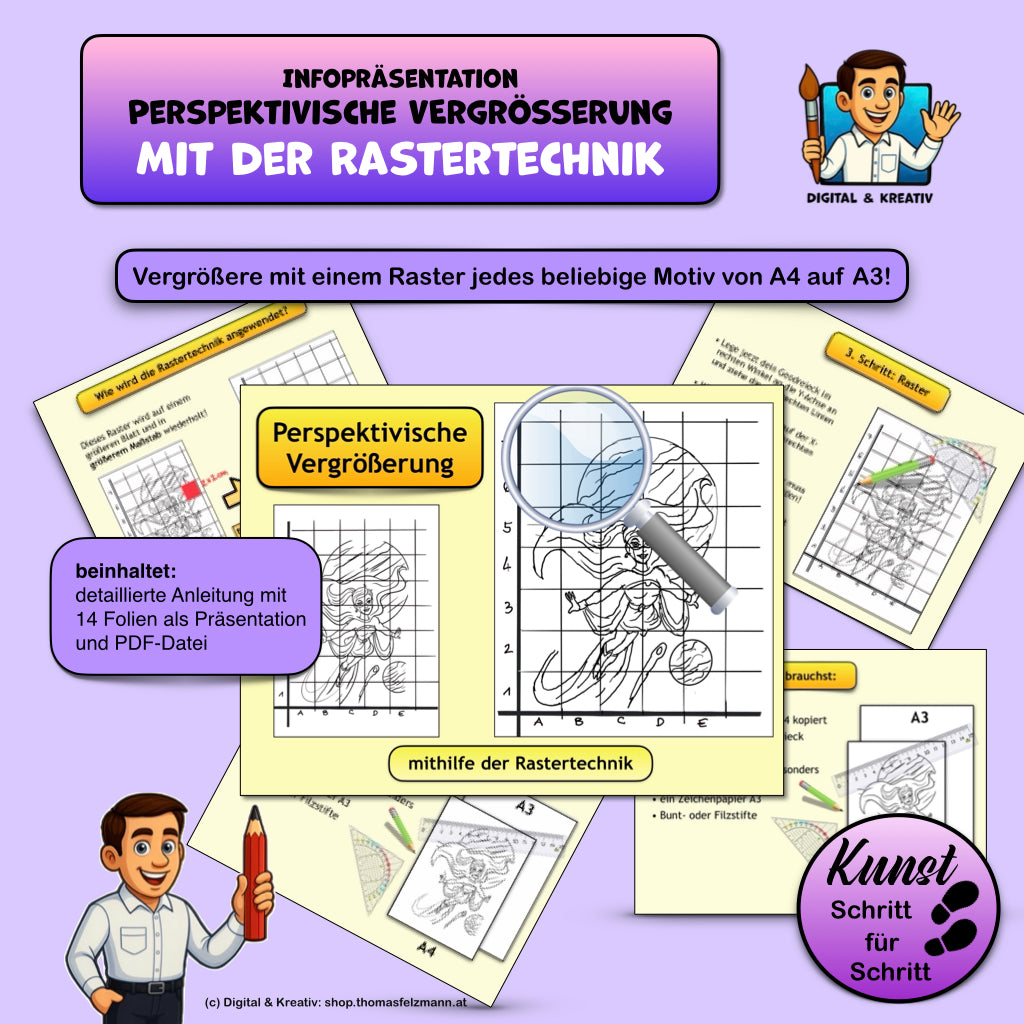 Rastertechnik Perspektivische Vergrößerung (14 Folien) | Schritt für Schritt Anleitung | PowerPoint + PDF – Ti
