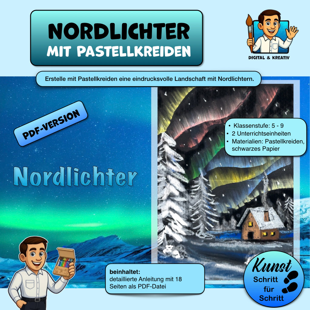 Kunstprojekt „Nordlichter“: Winterlandschaft mit Pastellkreiden Schritt für Schritt (PDF, 18 Seiten) – Titelbi